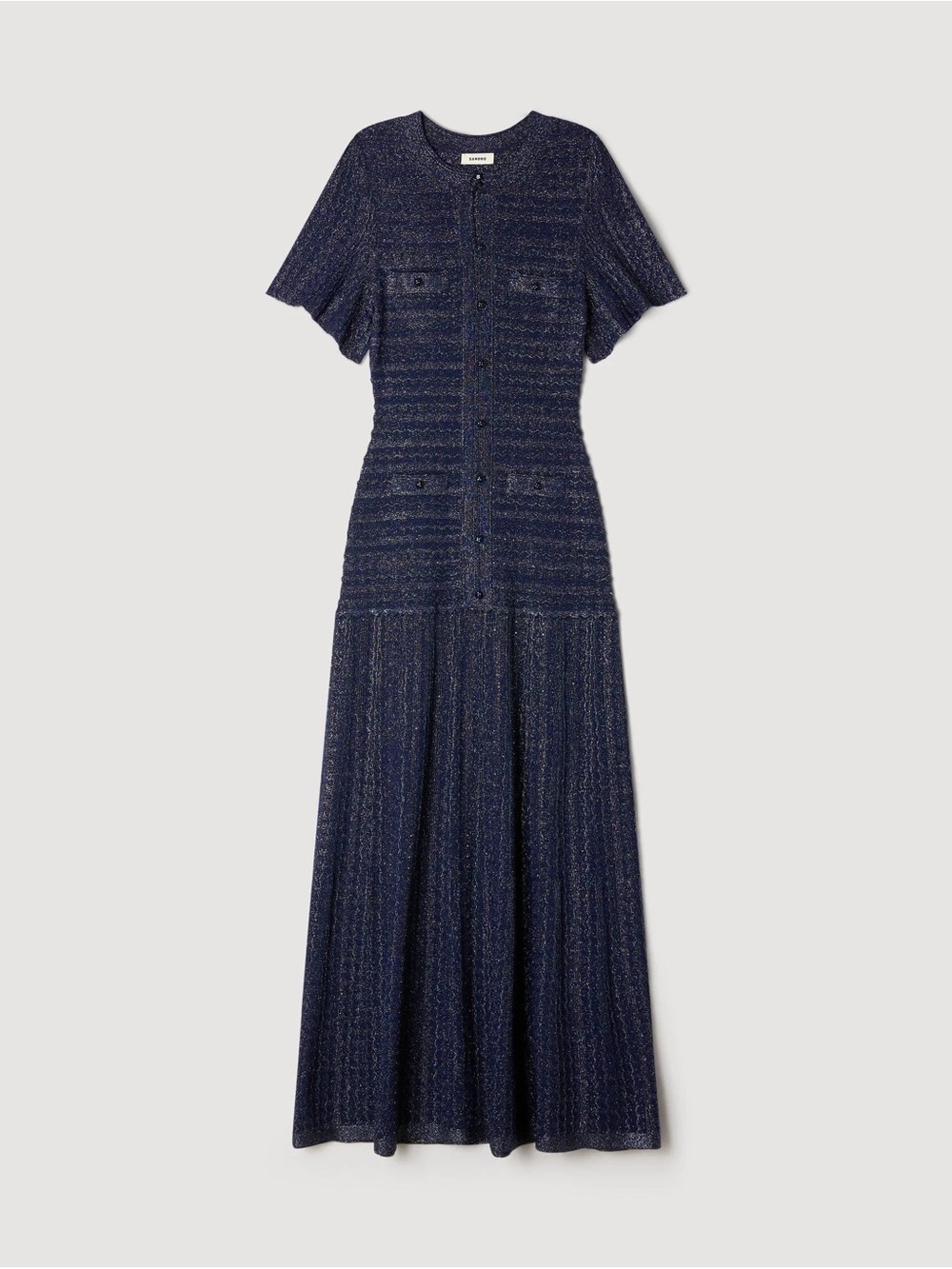 Textured Navy Maxi Dress with Button-Front and Short Sleeves